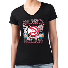 Black Atlanta Hawks G-III 4Her by Carl Banks Women's Super-Slim Fit Lightweight Flowers Team Logo Graphic V-Neck T-Shirt | NBA