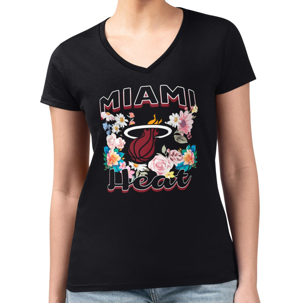 Black Miami Heat G-III 4Her by Carl Banks Women's Super-Slim Fit Lightweight Flowers Team Logo Graphic V-Neck T-Shirt | NBA