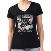 Black San Antonio Spurs G-III 4Her by Carl Banks Women's Super-Slim Fit Lightweight Flowers Team Logo Graphic V-Neck T-Shirt | NBA