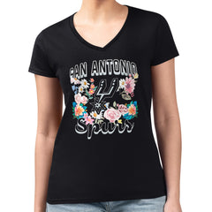 Black San Antonio Spurs G-III 4Her by Carl Banks Women's Super-Slim Fit Lightweight Flowers Team Logo Graphic V-Neck T-Shirt | NBA