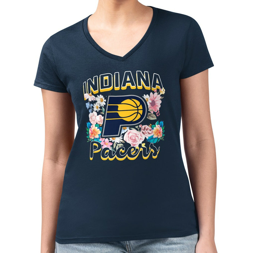 Navy Indiana Pacers G-III 4Her by Carl Banks Women's Super-Slim Fit Lightweight Flowers Team Logo Graphic V-Neck T-Shirt | NBA