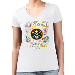 White Denver Nuggets G-III 4Her by Carl Banks Women's Super-Slim Fit Lightweight Flowers Team Logo Graphic V-Neck T-Shirt sale | NBA