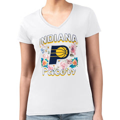 White Indiana Pacers G-III 4Her by Carl Banks Women's Super-Slim Fit Lightweight Flowers Team Logo Graphic V-Neck T-Shirt | NBA