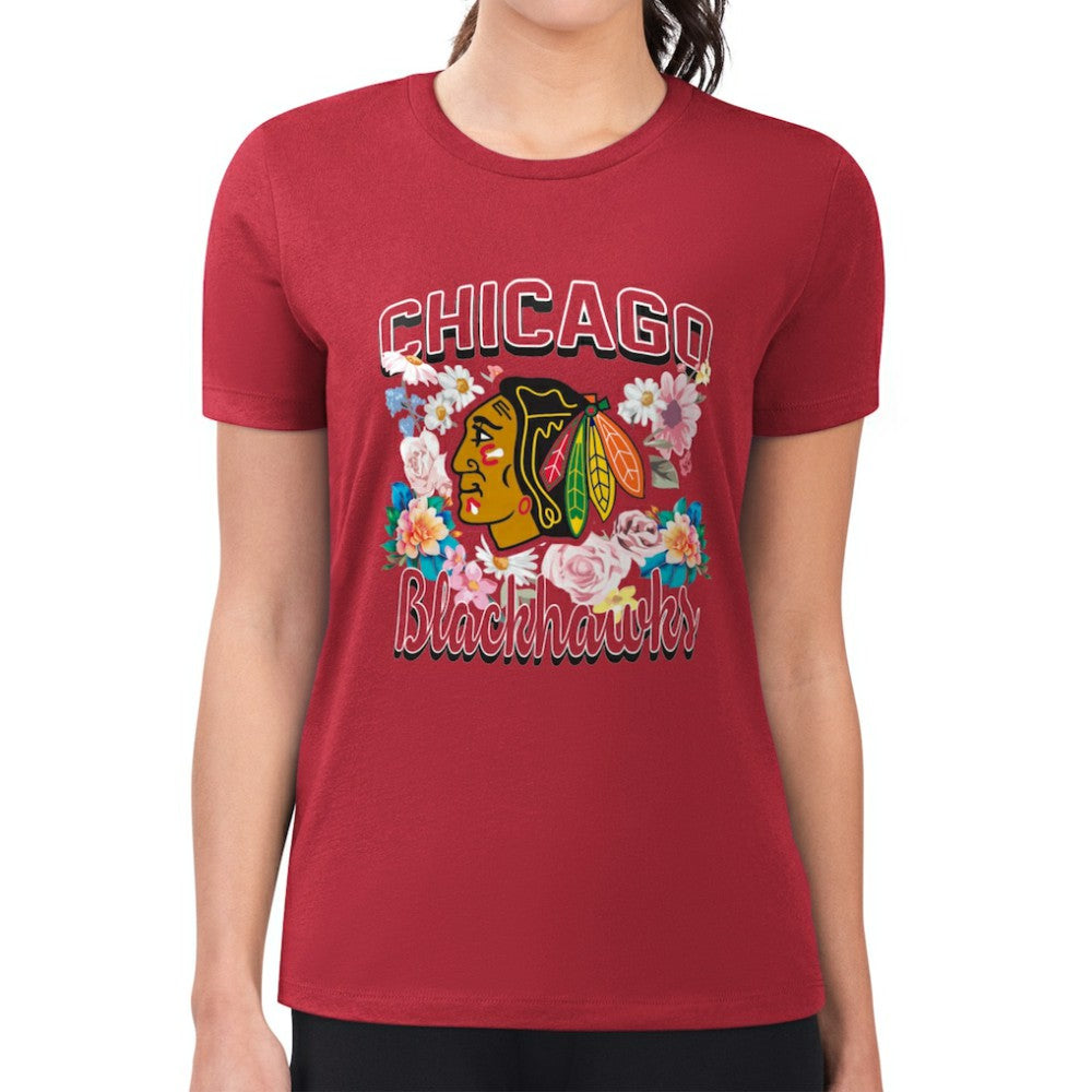 Chicago Blackhawks G-III 4Her by Carl Banks Women's Super-Slim Fit Lightweight Flower Logo T-Shirt - NHL T-shirts