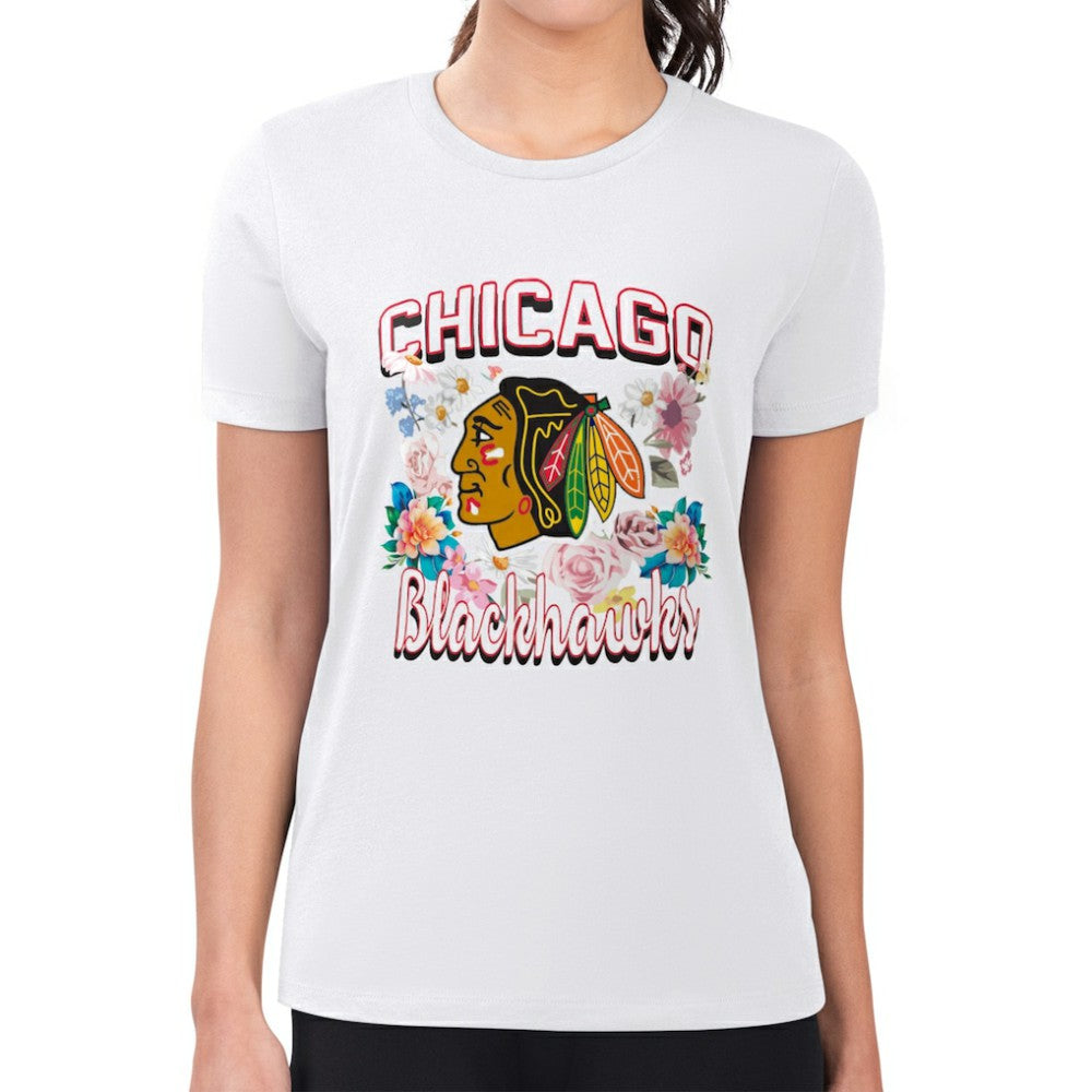 Chicago Blackhawks G-III 4Her by Carl Banks Women's Super-Slim Fit Lightweight Flower Logo T-Shirt - NHL T-shirts