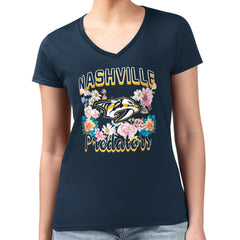 Nashville Predators G-III 4Her by Carl Banks Women's Super-Slim Fit Lightweight Flower Logo V-Neck T-Shirt - NHL T-shirts