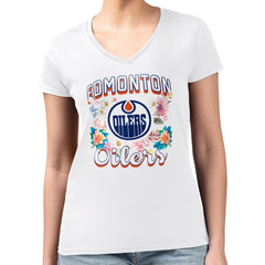 Edmonton Oilers G-III 4Her by Carl Banks Women's Super-Slim Fit Lightweight Flower Logo V-Neck T-Shirt - NHL T-shirts