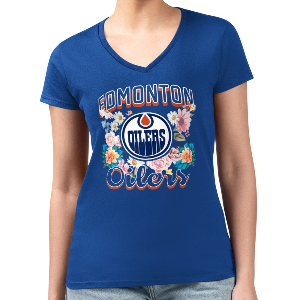 Edmonton Oilers G-III 4Her by Carl Banks Women's Super-Slim Fit Lightweight Flower Logo V-Neck T-Shirt - NHL T-shirts