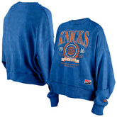 Blue New York Knicks Women's Throwback Vintage Enzyme Wash Oversized Boxy Pullover Sweatshirt | NBA