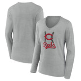 Cincinnati Reds Women's Fastball Long Sleeve V-Neck T-Shirt - MLB T-shirts