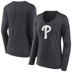 Philadelphia Phillies Women's Monochrome Long Sleeve V-Neck T-Shirt - MLB T-shirts