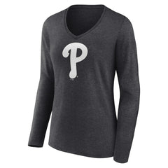 Philadelphia Phillies Women's Monochrome Long Sleeve V-Neck T-Shirt - MLB T-shirts