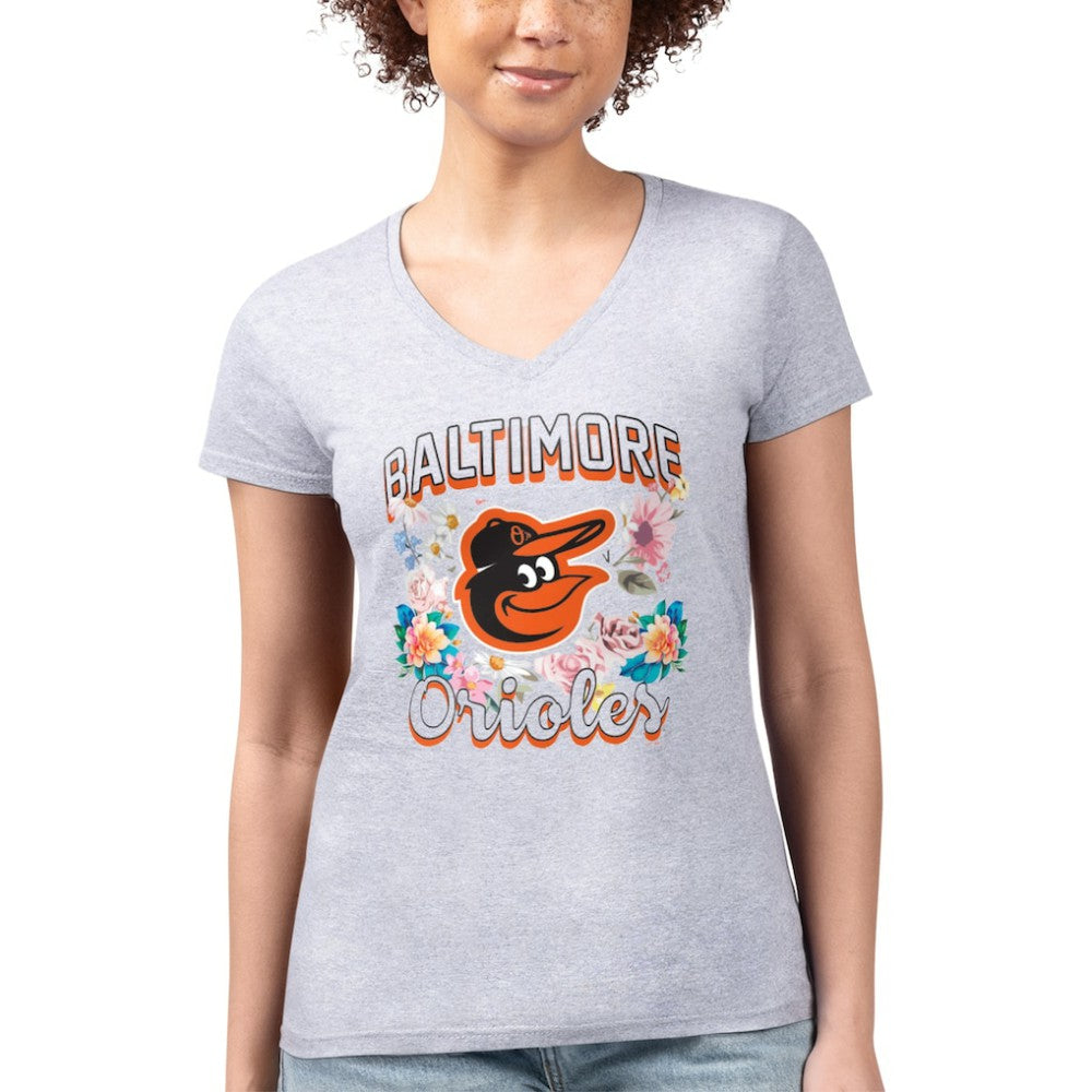Baltimore Orioles G-III 4Her by Carl Banks Women's Super-Slim Fit Lightweight Flowers Graphic V-Neck T-Shirt - MLB T-shirts
