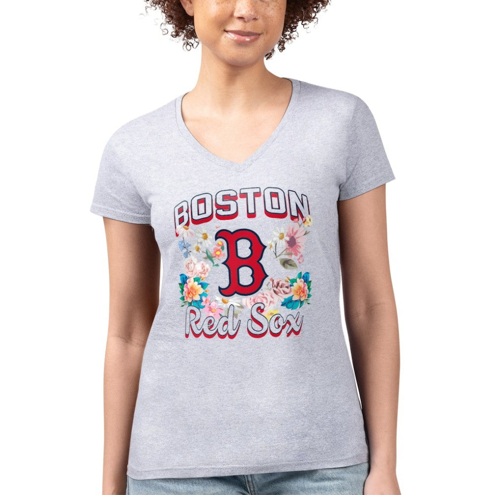 Boston Red Sox G-III 4Her by Carl Banks Women's Super-Slim Fit Lightweight Flowers Graphic V-Neck T-Shirt - MLB T-shirts