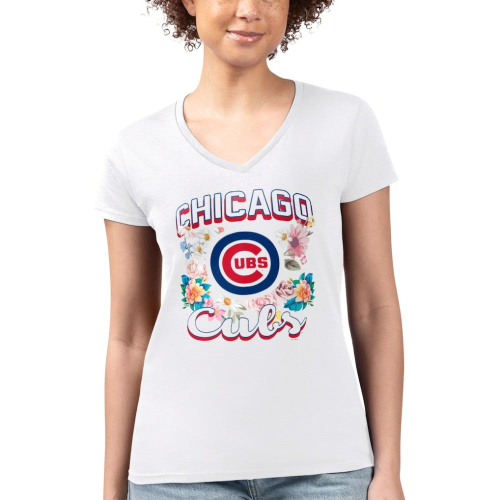 Chicago Cubs G-III 4Her by Carl Banks Women's Super-Slim Fit Lightweight Flowers Graphic V-Neck T-Shirt - MLB T-shirts
