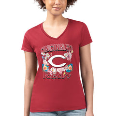 Cincinnati Reds G-III 4Her by Carl Banks Women's Super-Slim Fit Lightweight Flowers Graphic V-Neck T-Shirt - MLB T-shirts