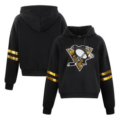 Pittsburgh Penguins Cuce Women's Sequin Cropped Pullover Hoodie - NHL Hoodies