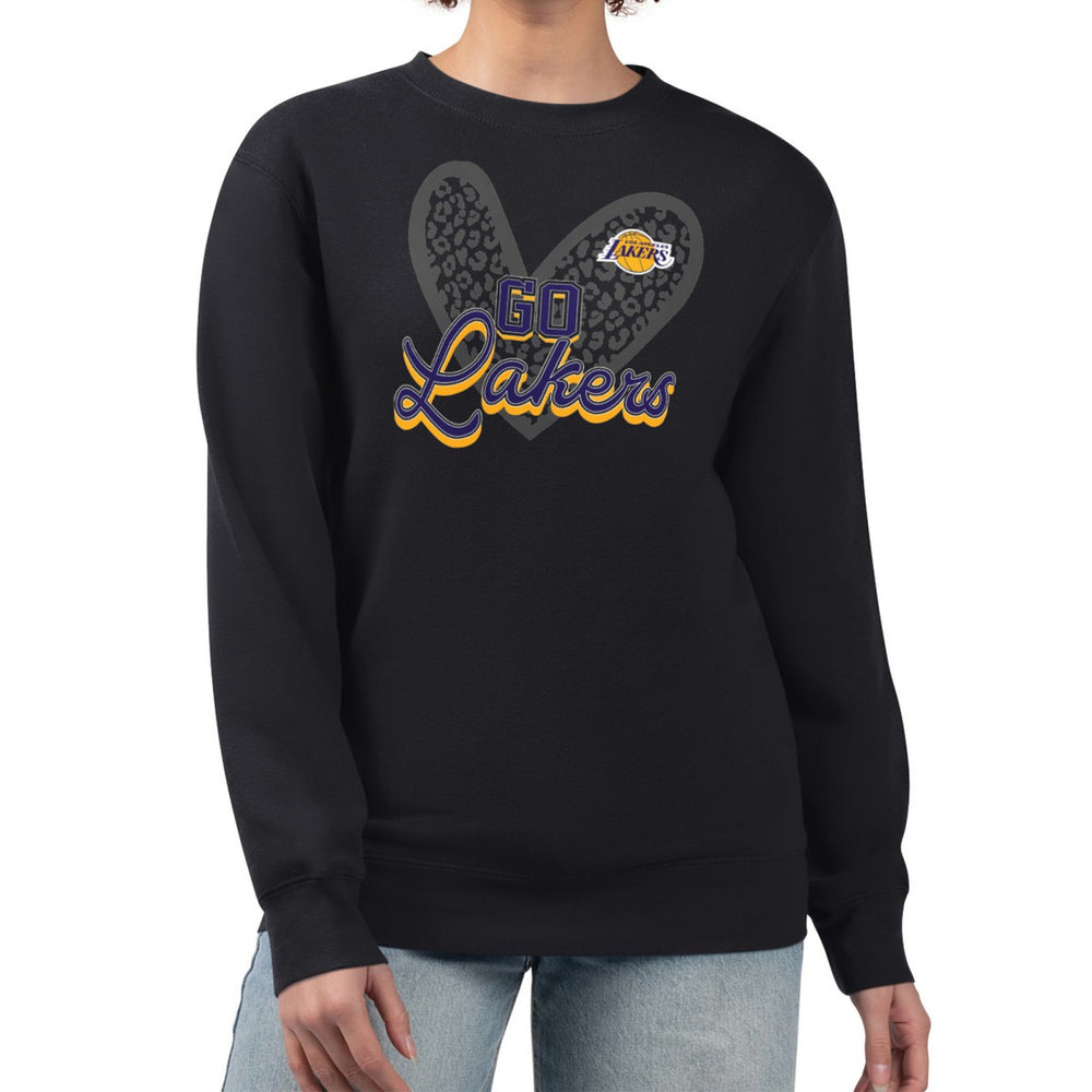 Black Los Angeles Lakers G-III 4Her by Carl Banks Women's Leopard Heart Fleece Pullover Sweatshirt | NBA