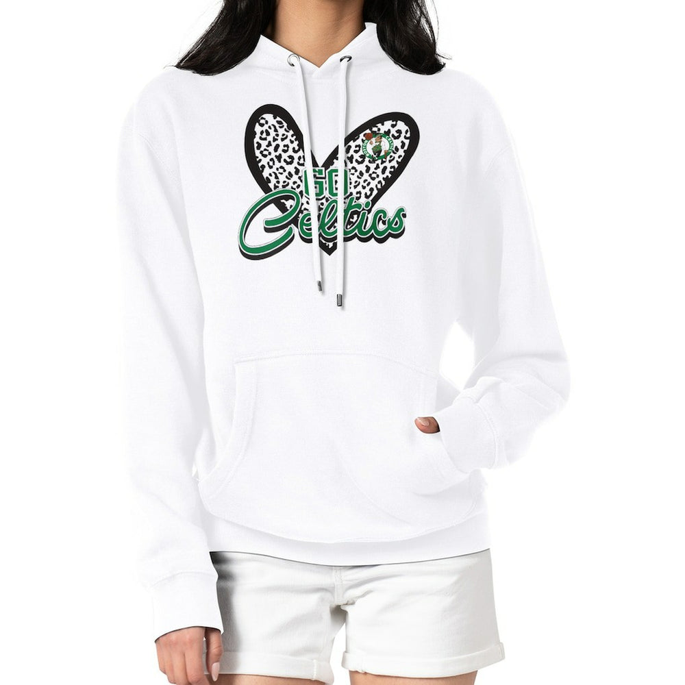 White Boston Celtics G-III 4Her by Carl Banks Women's Leopard Heart Graphic Fleece Pullover Hoodie | NBA