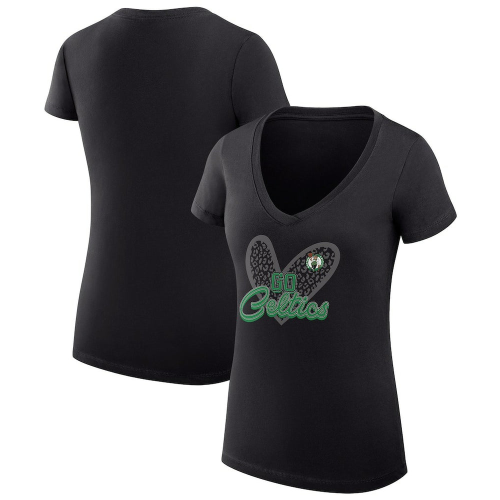 Black Boston Celtics G-III 4Her by Carl Banks Women's Super-Slim Fit Lightweight Leopard Heart V-Neck T-Shirt | NBA