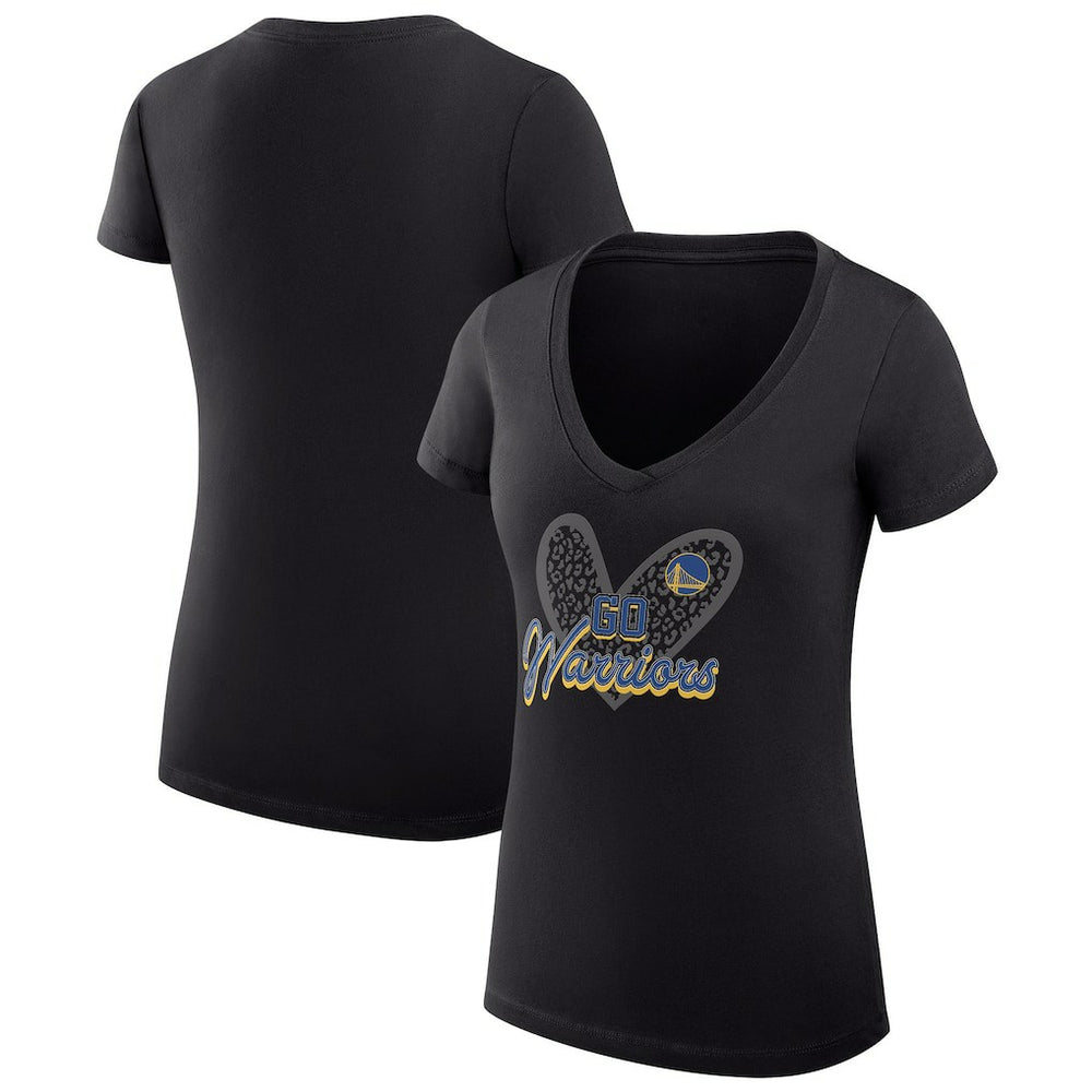 Black Golden State Warriors G-III 4Her by Carl Banks Women's Super-Slim Fit Lightweight Leopard Heart V-Neck T-Shirt sale | NBA