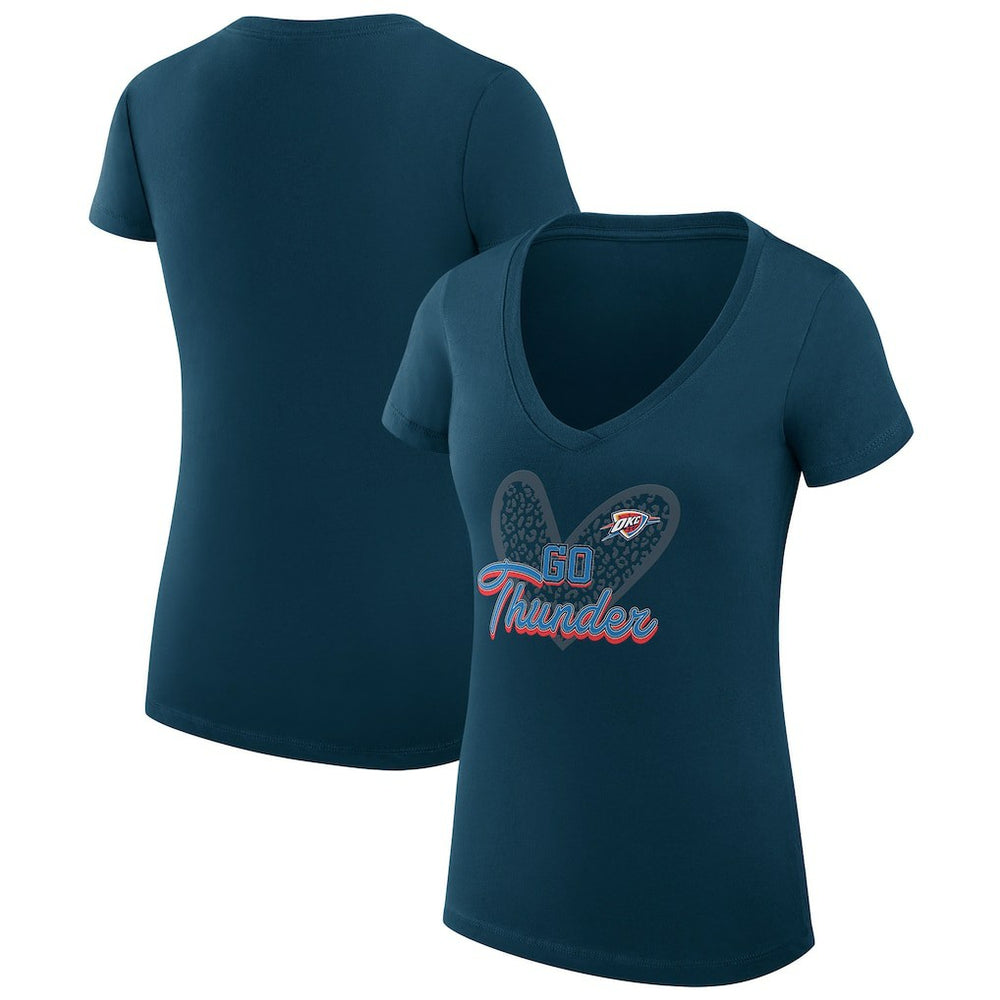 Navy Oklahoma City Thunder G-III 4Her by Carl Banks Women's Super-Slim Fit Lightweight Leopard Heart V-Neck T-Shirt | NBA