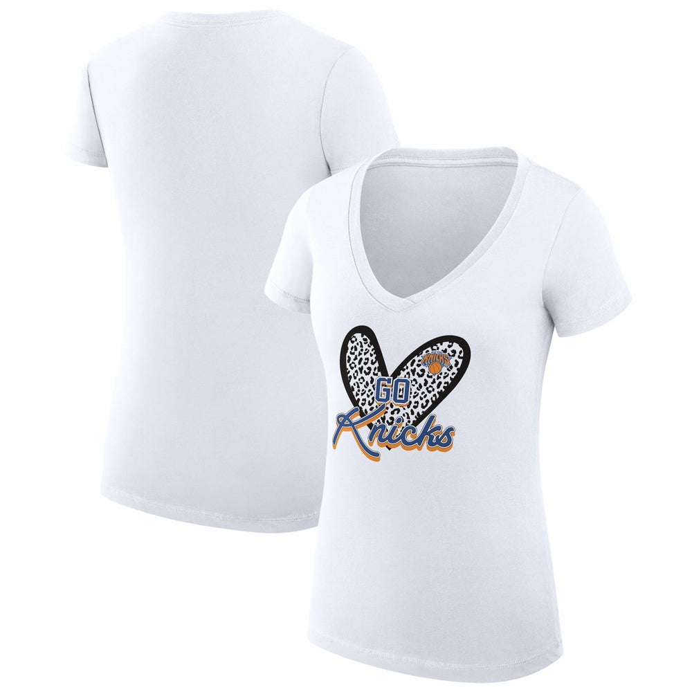 White New York Knicks G-III 4Her by Carl Banks Women's Super-Slim Fit Lightweight Leopard Heart V-Neck T-Shirt | NBA