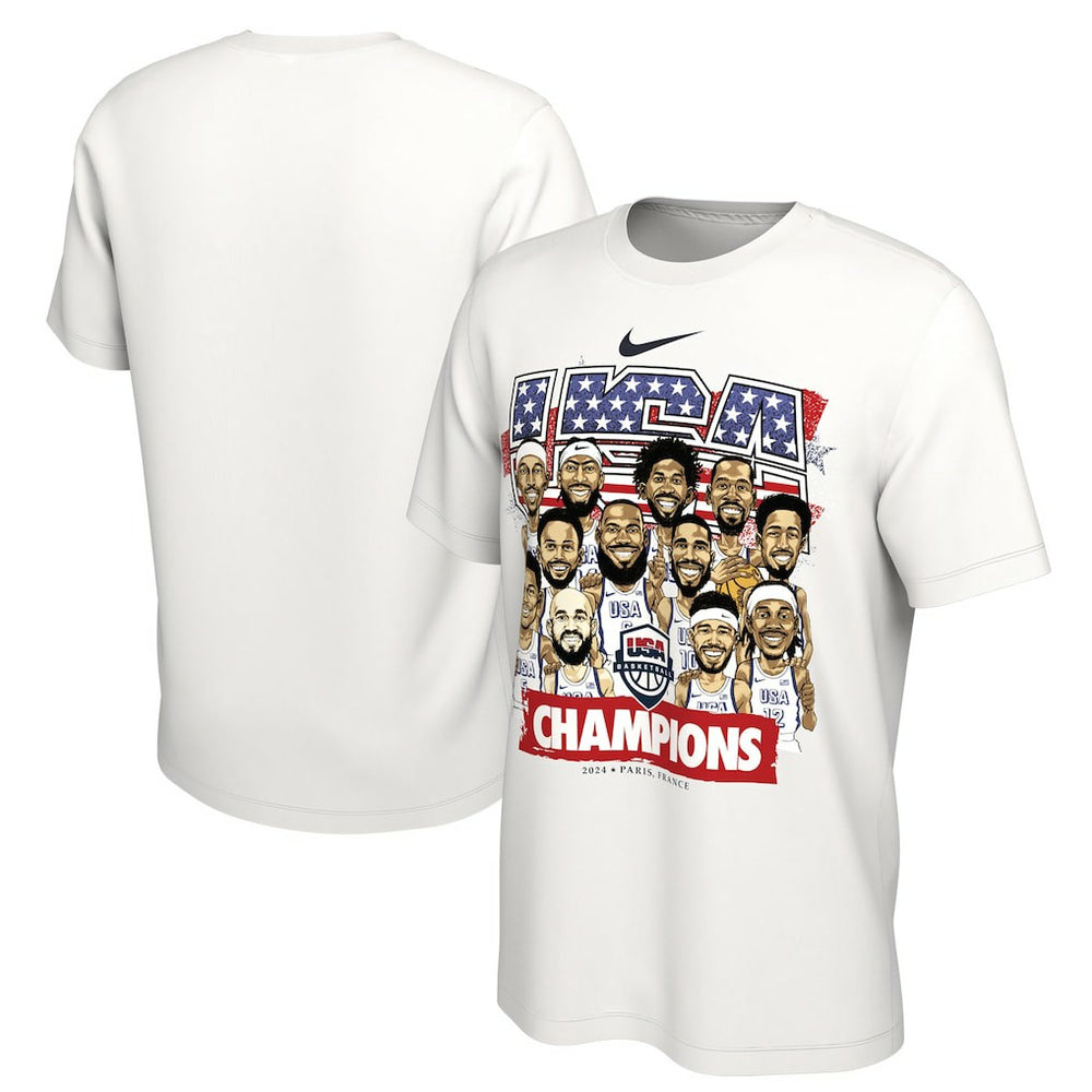 White USA Men's Basketball Unisex 2024 Summer Olympics Gold Medal Team Caricature T-Shirt | NBA