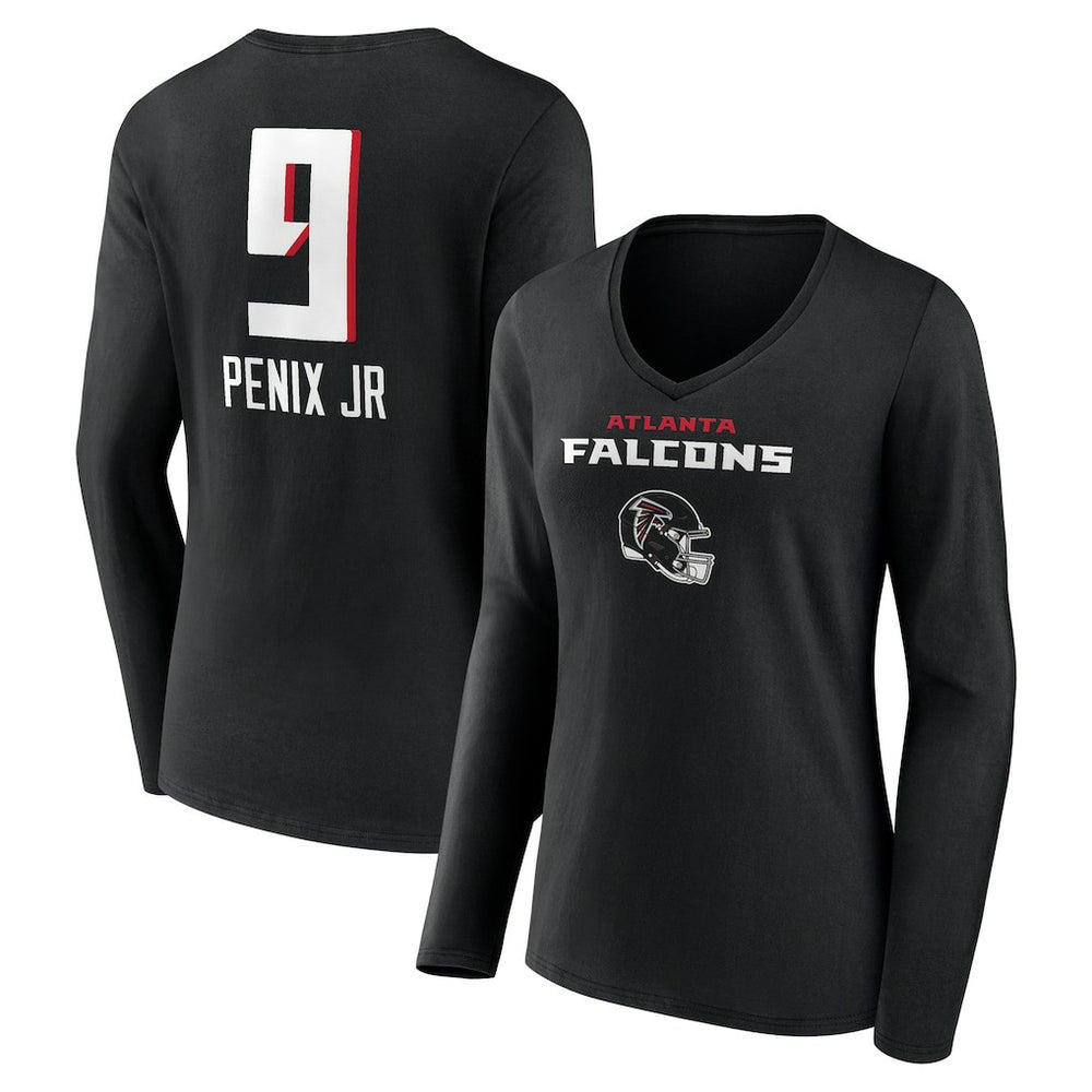 Atlanta Falcons Michael Penix Jr. Women's Name & Number Team Wordmark Long Sleeve V-Neck T-Shirt | NFL Sale