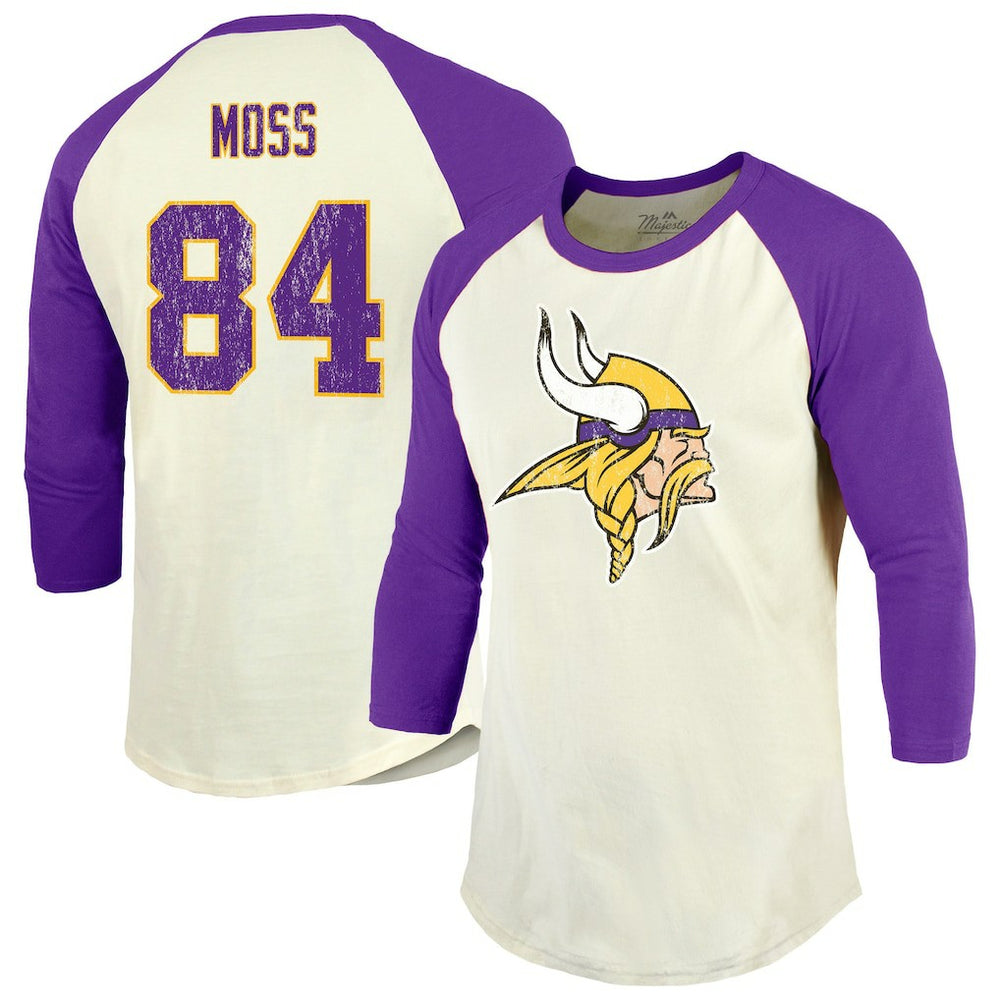 Minnesota Vikings Randy Moss Majestic Threads Retired Player Name & Number 3/4 Raglan Sleeve T-Shirt | NFL Discount