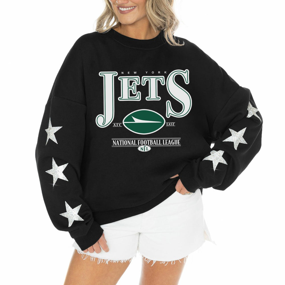 New York Jets Gameday Couture Women's Rhinestone Star Sleeve Settle the Score Oversized Tri-Blend Pullover | NFL Online