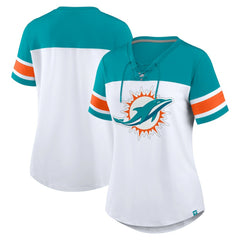 Miami Dolphins Women's Athena Rhinestone Lace-Up V-Neck T-Shirt | NFL Discount