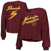 Washington Commanders Jayden Daniels Majestic Threads Women's Name & Number Off-Shoulder Script Cropped Long Sleeve Relaxed V-Neck T-Shirt | NFL Sale