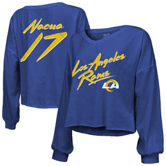 Los Angeles Rams Puka Nacua Majestic Threads Women's Off-Shoulder Script Player Name & Number Cropped Long Sleeve V-Neck T-Shirt | NFL Near me