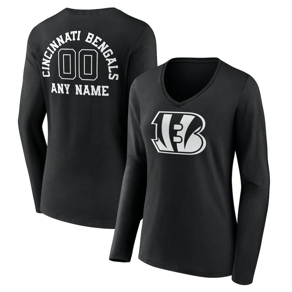 Cincinnati Bengals Women's Personalized Name & Number Monochrome Long Sleeve V-Neck T-Shirt | NFL Discount