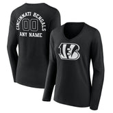 Cincinnati Bengals Women's Personalized Name & Number Monochrome Long Sleeve V-Neck T-Shirt | NFL Discount