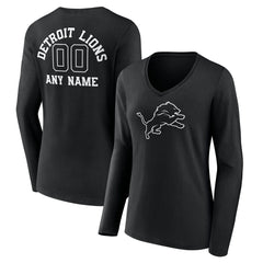 Detroit Lions Women's Personalized Name & Number Monochrome Long Sleeve V-Neck T-Shirt | NFL Hot
