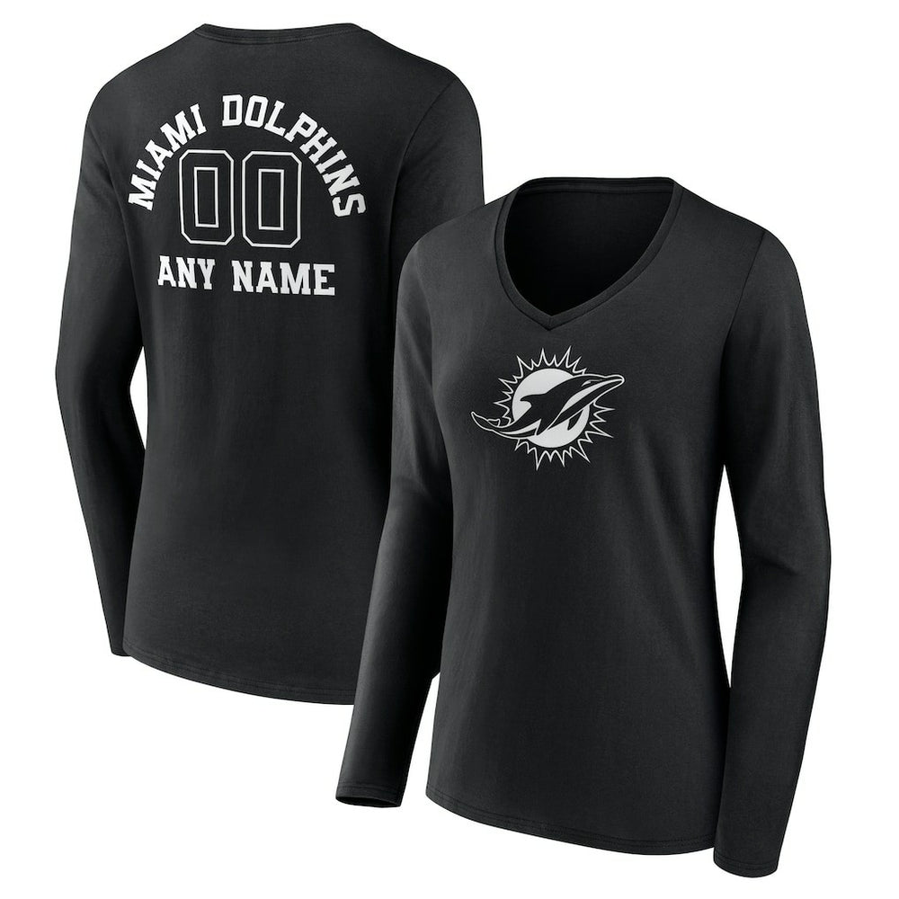 Miami Dolphins Women's Personalized Name & Number Monochrome Long Sleeve V-Neck T-Shirt | NFL Sale