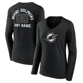 Miami Dolphins Women's Personalized Name & Number Monochrome Long Sleeve V-Neck T-Shirt | NFL Sale
