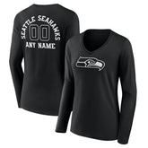 Seattle Seahawks Women's Personalized Name & Number Monochrome Long Sleeve V-Neck T-Shirt | NFL Outlet