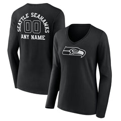 Seattle Seahawks Women's Personalized Name & Number Monochrome Long Sleeve V-Neck T-Shirt | NFL Outlet
