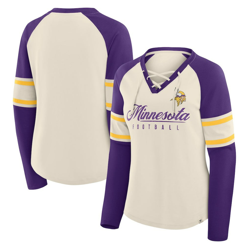 Minnesota Vikings Women's Hometown Gridiron Hero Raglan Lace-Up V-Neck Long Sleeve T-Shirt | NFL New