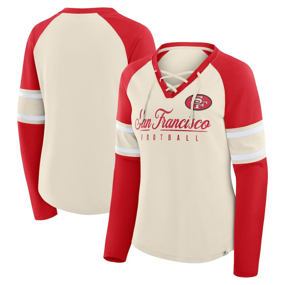 San Francisco 49ers Women's Hometown Gridiron Hero Raglan Lace-Up V-Neck Long Sleeve T-Shirt | NFL On sale