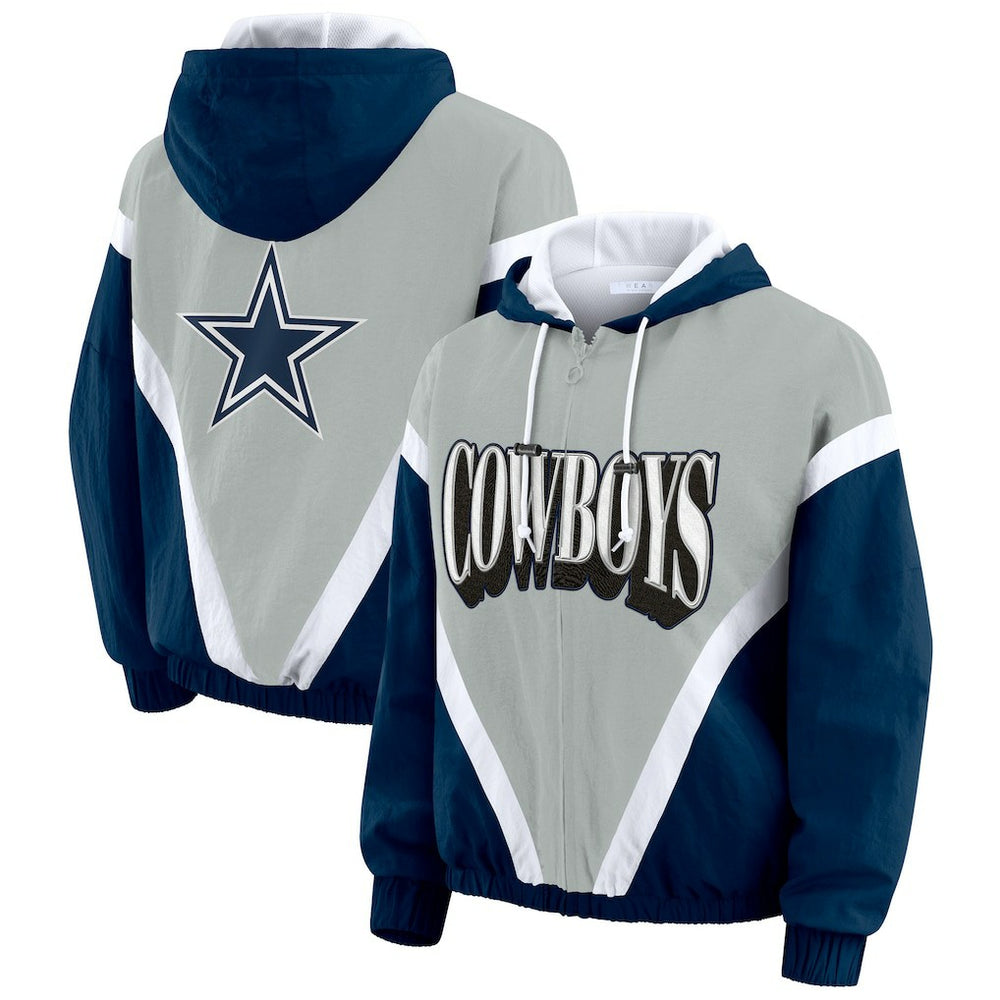 Dallas Cowboys WEAR by Erin Andrews Women's Plus Size Retro Crinkle Full-Zip Hoodie Windbreaker Jacket | NFL Hot