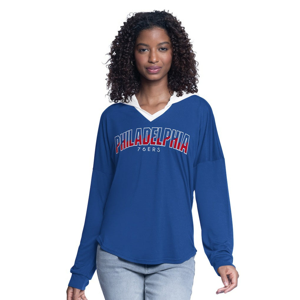 Royal Philadelphia 76ers G-III 4Her by Carl Banks Women's Bench Player Oversized Long Sleeve Hooded Top | NBA