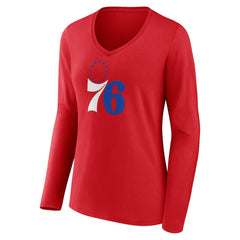 Red Philadelphia 76ers Women's Primary Logo Long Sleeve V-Neck T-Shirt | NBA
