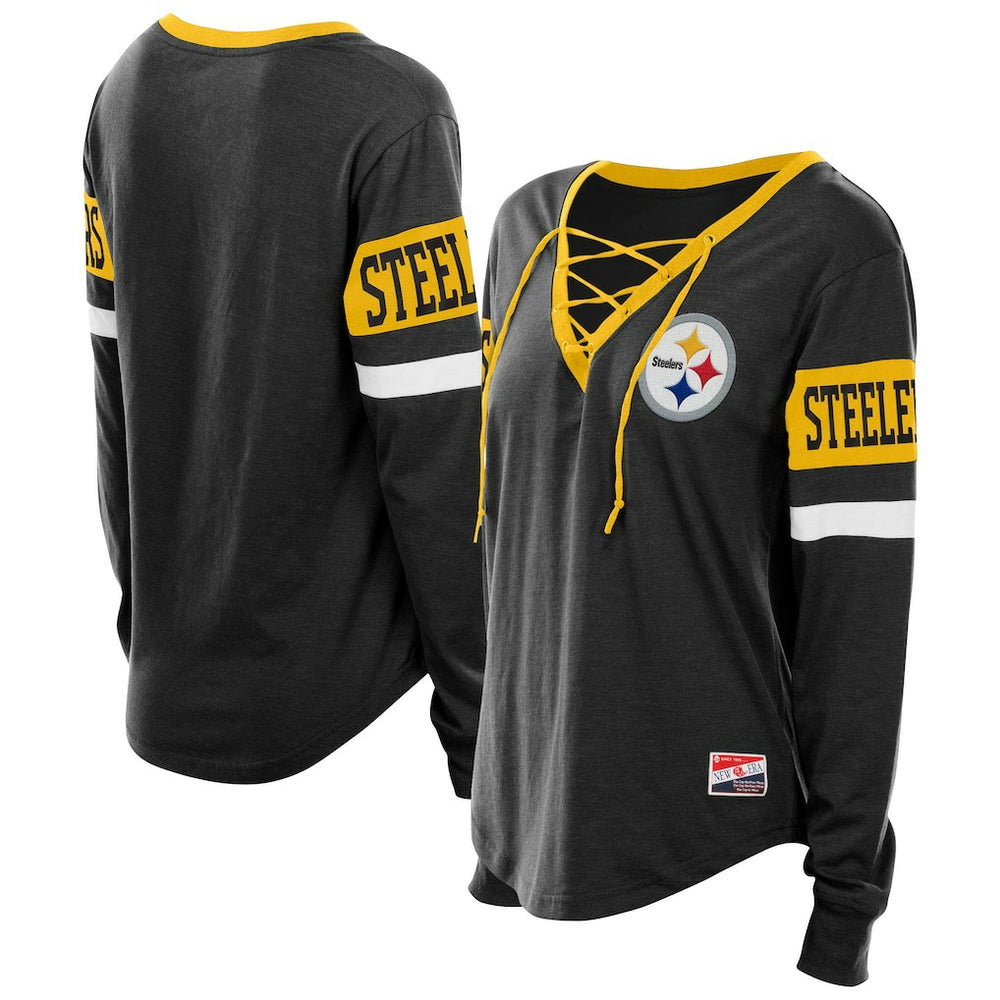 Pittsburgh Steelers Women's Plus Size Throwback Lace-Up Long Sleeve T-Shirt | NFL Outlet