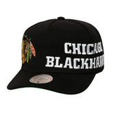 Chicago Blackhawks Mitchell & Ness Busted Logo Wordmark Wrap Around Pro Pinch Adjustable Hat - NHL Hats