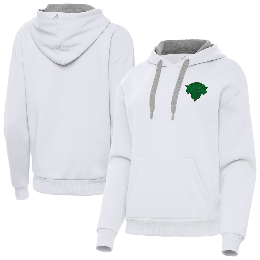 White New York Knicks Antigua Women's St. Patrick's Day Victory Pullover Hoodie | NBA