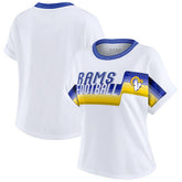 Los Angeles Rams WEAR by Erin Andrews Women's Cropped Center Stripe Dolman T-Shirt | NFL US